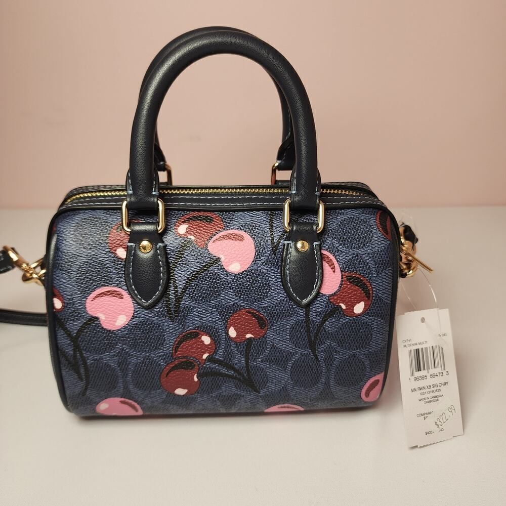 NWT Coach CY741 Mini Rowan Crossbody Bag Signature Cherry Print Denim Blue - Picture 5 of 7